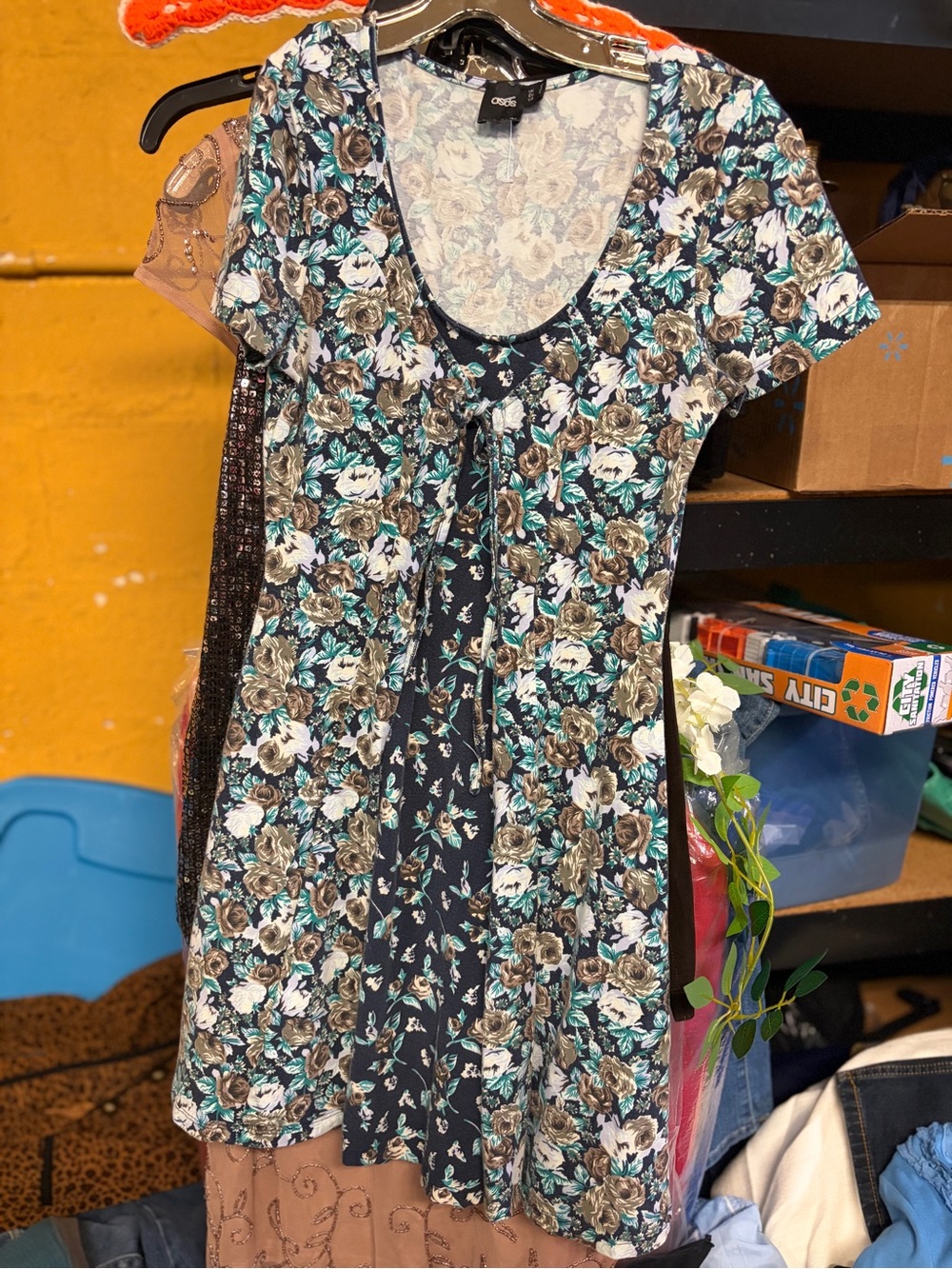 ASOS Black Floral Scoop Neck Dress with Teal Accents